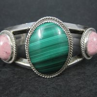 Heavy Southwestern Sterling Malachite Rhodonite Cuff Bracelet 6.25"