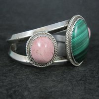 Heavy Southwestern Sterling Malachite Rhodonite Cuff Bracelet 6.25"