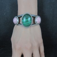 Heavy Southwestern Sterling Malachite Rhodonite Cuff Bracelet 6.25"