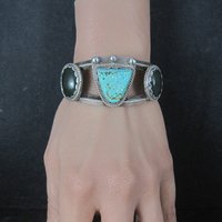 Heavy Southwestern Sterling Turquoise Jade Cuff Bracelet 6.25"