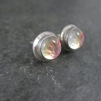 Vintage Sterling Pink Dichroic Glass Stud Earrings