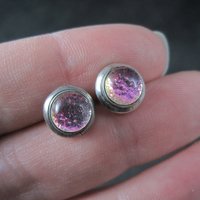 Vintage Sterling Pink Dichroic Glass Stud Earrings