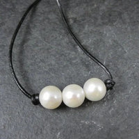 Simple Leather and Genuine Pearl Necklace 16 Inches