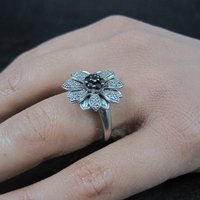 Black & White Diamond Flower Ring Size 7 Estate Sterling