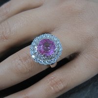 Sterling Pink Sapphire Halo Ring Estate Silver Size 6.5