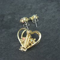 Vintage Enamel Flower Heart Earrings & Brooch Jewelry Set