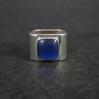 Vintage Sterling Silver Blue Cats Eye Sea Glass Ring Size 8 Square Band