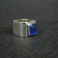 Vintage Sterling Silver Blue Cats Eye Sea Glass Ring Size 8 Square Band