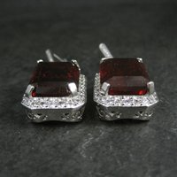 Large Estate Sterling Blood Red Cz Earrings Latch Backs