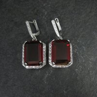 Large Estate Sterling Blood Red Cz Earrings Latch Backs