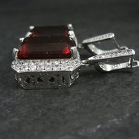 Large Estate Sterling Blood Red Cz Earrings Latch Backs