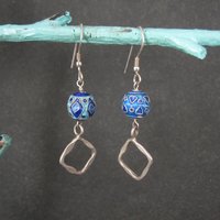 Long Sterling Blue Enamel Bead Earrings