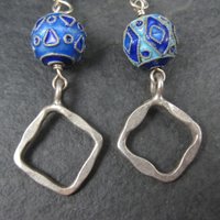 Long Sterling Blue Enamel Bead Earrings