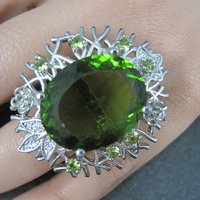 Huge Sterling Silver Floral Nature Ring Size 8 Green Cz
