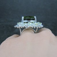 Huge Sterling Silver Floral Nature Ring Size 8 Green Cz