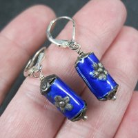 Vintage Sterling Blue Enamel Flower Earrings Lever Back