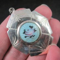 Vintage Sterling Blue Guilloche Enamel Rose Locket Pendant
