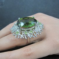 Huge Sterling Silver Floral Nature Ring Size 8 Green Cz
