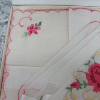Vintage Embroidered Rose Hankies Set of 2 Cotton Desco Original Box Gift Set