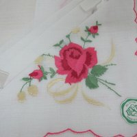 Vintage Embroidered Rose Hankies Set of 2 Cotton Desco Original Box Gift Set