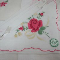 Vintage Embroidered Rose Hankies Set of 2 Cotton Desco Original Box Gift Set