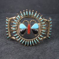 Native American Needlepoint Turquoise Inlay Butterfly Cuff Bracelet 6.25 Inches Paul Lucario