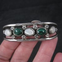 Vintage Southwestern Sterling Malachite Mother of Pearl Cuff Bracelet 6 Inches