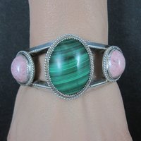 Heavy Southwestern Sterling Malachite Rhodonite Cuff Bracelet 6.25"