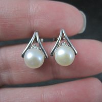 Estate Sterling Pearl Diamond Earrings