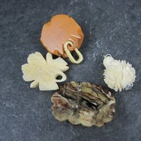 Lot of 4 Vintage Carved Flower Pendants Charms Brooch