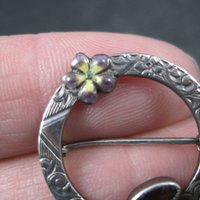 Sterling Antique Enamel Violet and Amethyst Circle Brooch C Clasp
