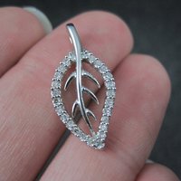 Vintage 10K White Gold Leaf Pendant | Diamond Accent Nature Jewelry
