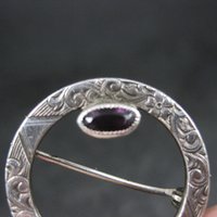 Sterling Antique Enamel Violet and Amethyst Circle Brooch C Clasp