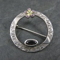 Sterling Antique Enamel Violet and Amethyst Circle Brooch C Clasp