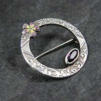 Sterling Antique Enamel Violet and Amethyst Circle Brooch C Clasp