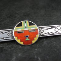 Art Deco Enamel Inlay Katchina Bar Pin Brooch Sterling Silver C Clasp