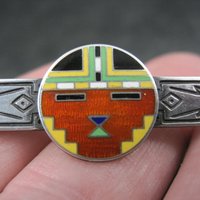 Art Deco Enamel Inlay Katchina Bar Pin Brooch Sterling Silver C Clasp