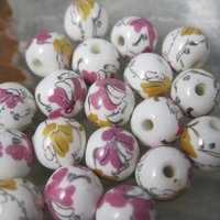 Lot of 19 Pink & Gold Floral Porcelain Beads 8mm