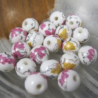 Lot of 19 Pink & Gold Floral Porcelain Beads 8mm