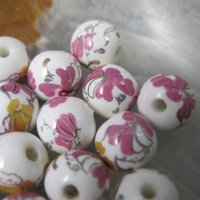 Lot of 19 Pink & Gold Floral Porcelain Beads 8mm