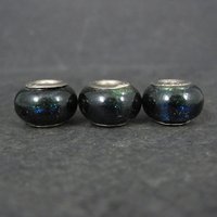 Lot of 3 Blue Green Black Art Glass Bead Charms Sterling Centers