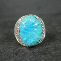 Vintage Southwestern Sterling Carved Turquoise Ring Size 12