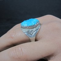 Vintage Southwestern Sterling Carved Turquoise Ring Size 12
