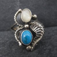 Vintage Southwestern Sterling Mother of Pearl Turquoise Ring Size 5 Pauline Dolly Foutz