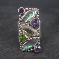 Vintage Sajen Sterling Abalone Amethyst Peridot Ring Size 7