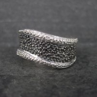 Sterling Black White Diamond Illusion Ring Wavy Band Size 7