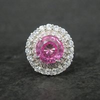 Sterling Pink Sapphire Halo Ring Estate Silver Size 6.5