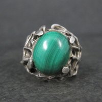 Vintage Brutalist Sterling Malachite Ring Size 6.5