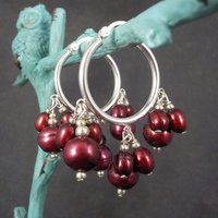 Vintage Sterling Red Pearl Hoop Earrings