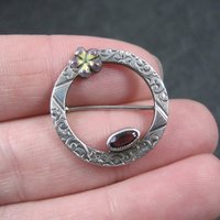 Sterling Antique Enamel Violet and Amethyst Circle Brooch C Clasp